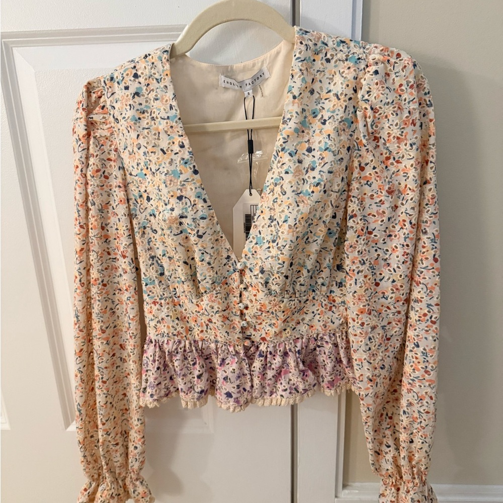 English Factory Cream Floral V-Neck Peplum Blouse